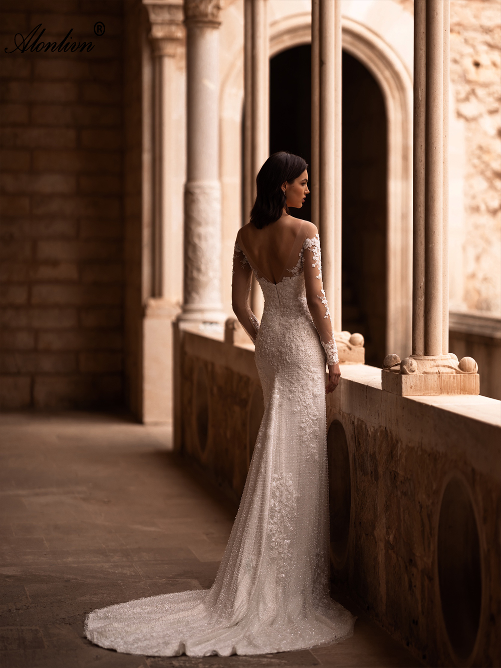 Romance Beading Lace Sheer Neck 2 In 1 Mermaid Wedding Dress With Removable train Full Sleeves Trumpet Bridal Gowns With Floral Prints