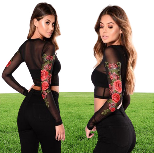 Embroidery Flower Black See Through TShirt Women Crop Top Transparent Mesh Sheer Tube Club Women Top Ladies Tees TShirts