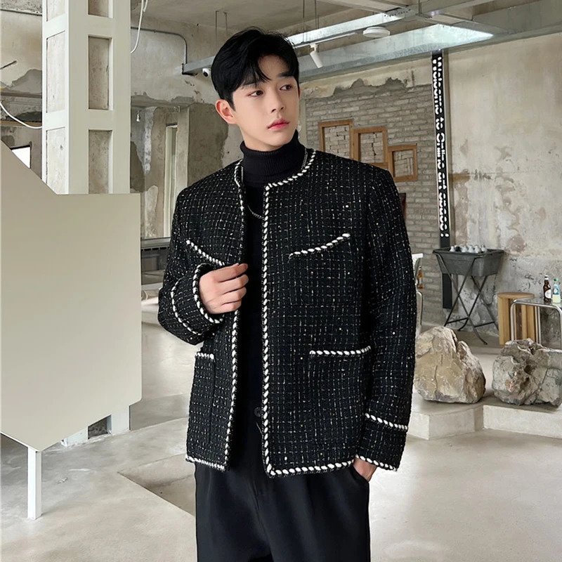 IEFB mens coarse tweed cardigan autumn winter trend collarless jacket fashion Korean style Elgan coat personalized item 9C2554 241115