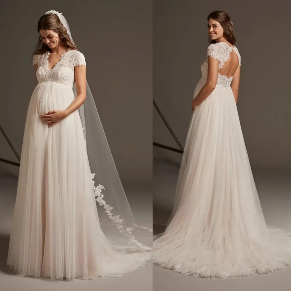 Empire Waist Wedding Gowns For Pregnant Maternity V Neck Lace Appliques Little Shiny Crystals Bridal Dresses Vintage Cap Sleeves A Line Tulle Robes de