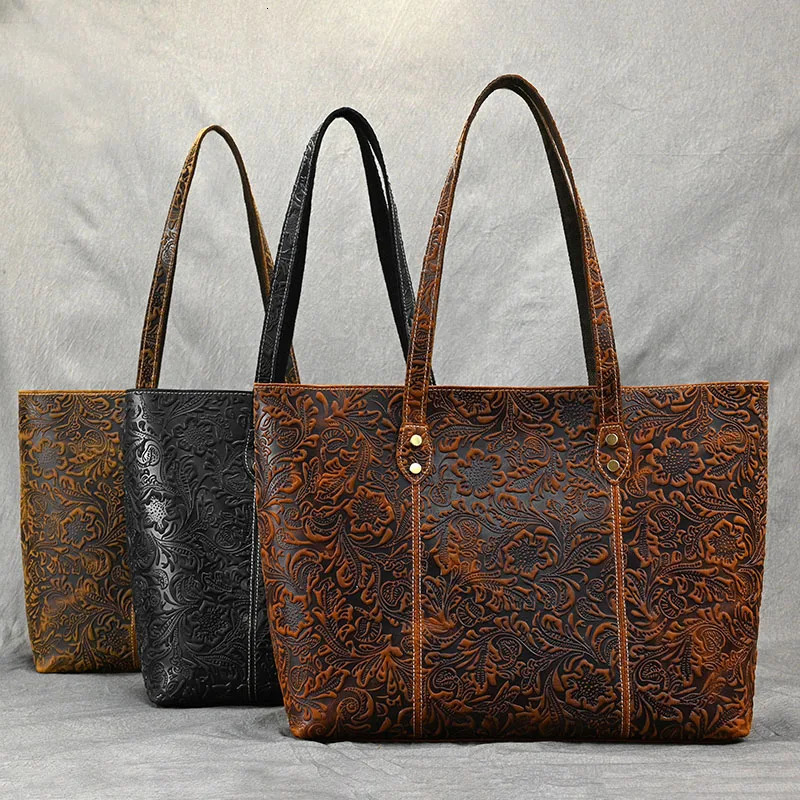 Retro embossed womens handbag Retro handmade genuine leather large capacity womens shoulder bag Womens handbag 241112