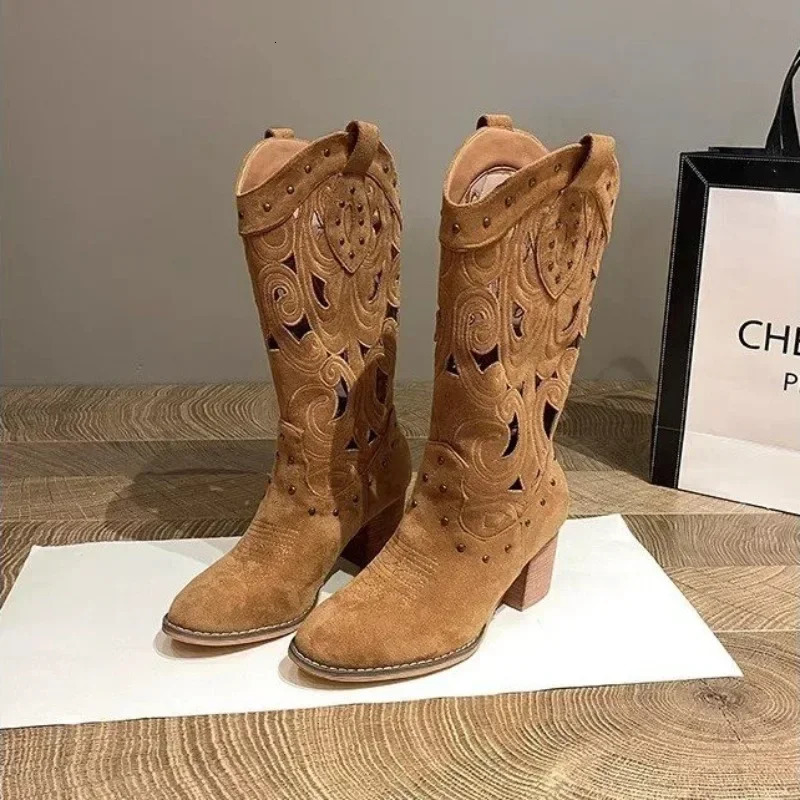 Embroidered Suede Chunky Heel Western Boots for Women Fashion Soft Bottom Casual Spring and Autumn Hollow Knight Boots Womens Shoes 241115