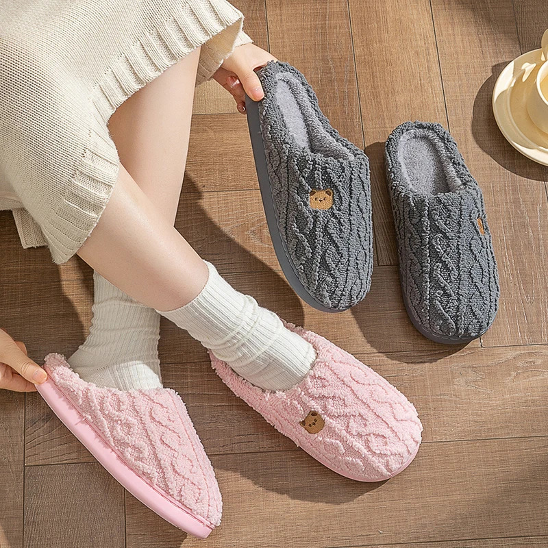 Plain Striped n Home Slippers Women Winter 2024 Soft Sole Anti Slip Cotton Shoes Woman Indoor Warm Soft Plush Slippers 241115