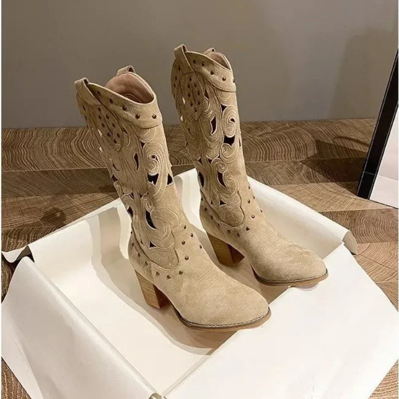 Embroidered Suede Chunky Heel Western Boots for Women Fashion Soft Bottom Casual Spring and Autumn Hollow Knight Boots Womens Shoes 241115