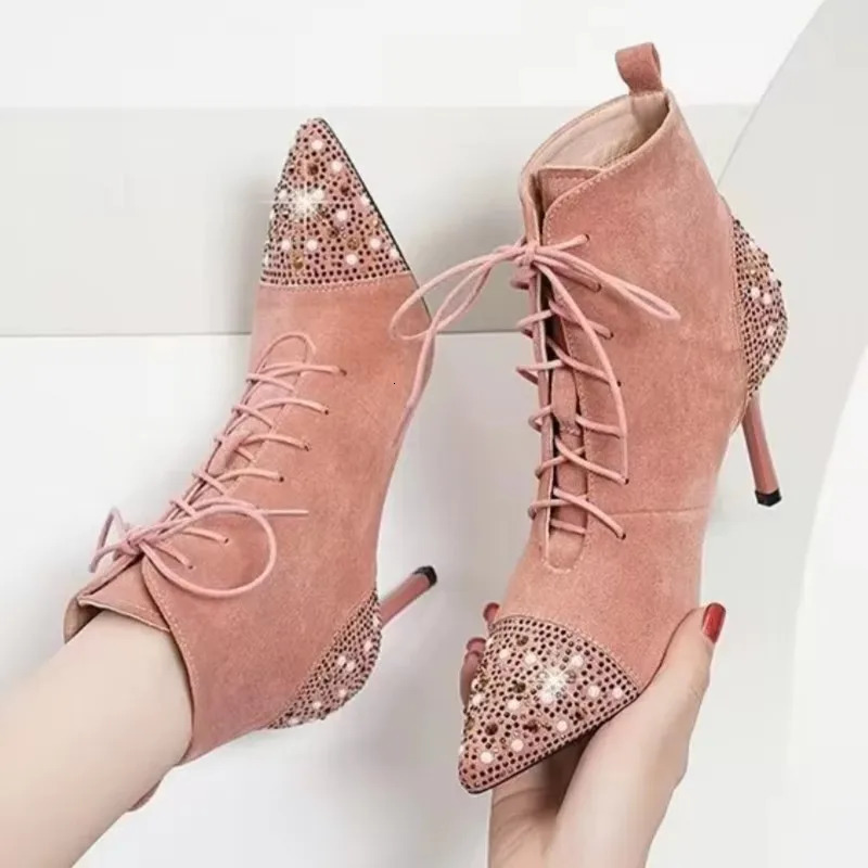 42 Crystal Chelsea Stiletto Shoes Ankle Womens Boots Sexy Pointed Toe Shoes Winter Trend Suede Lace Dress Botas Mujer 40 241115