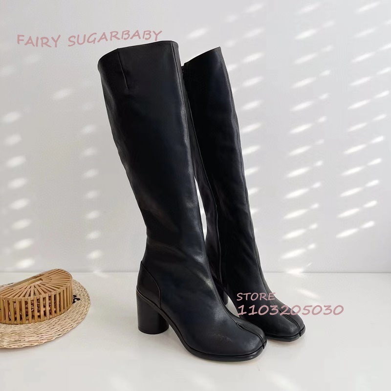 Black Loose Long Tabi Boots Women High Round Heels Zipper Leather Booties Knee Versatile Spring Girls Matte Casual Shoe British