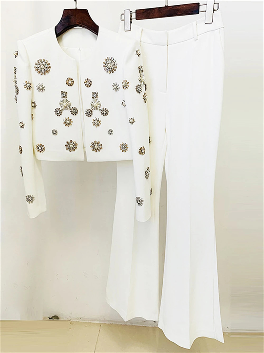 Crystal 2piece ultrathin womens set including short sleeved jacket and glitter pants with side seam handheld Rhinestone tailcoat 241115