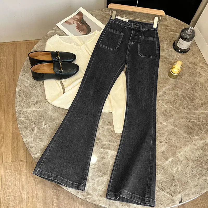 High Waist Trousers Loose Washed Jeans Pockets Slim Denim Flare Classic Women Vintage Stretch Straight Allmatch 241115
