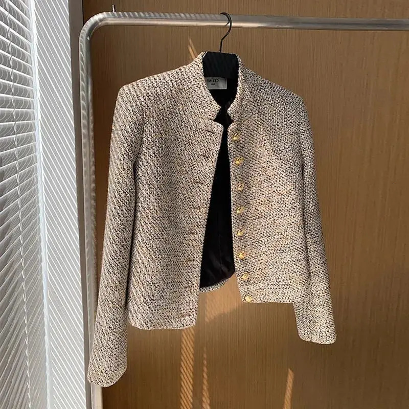 Vintage Cropped Tweed Jacket Women Elegant Short Blazer Autumn Korean Single-Breasted All Match Casual Chic Outerwear Tops 241116
