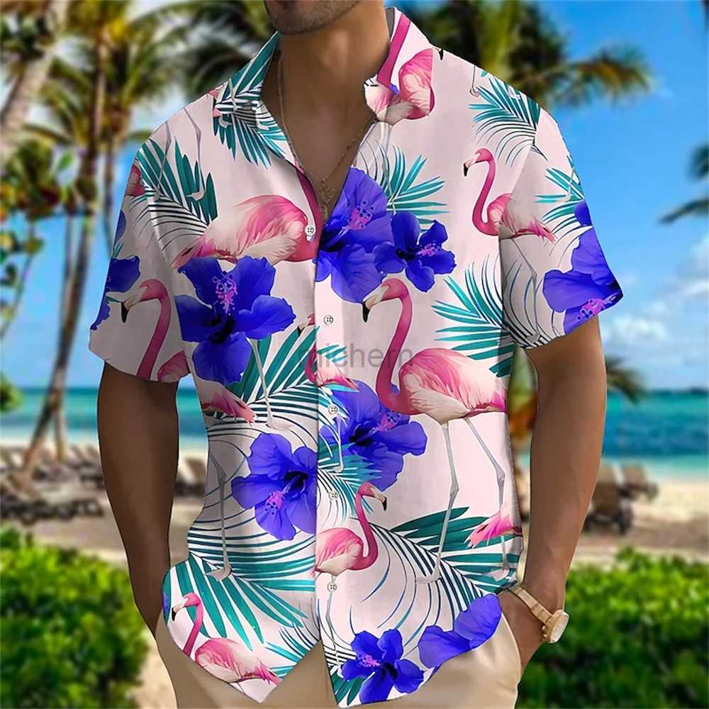 Men's Casual Shirts Animal Flamingo 3D Print Beach Hawaiian Summer Flower Shirt Short Sleeve Streetwear Loosed Camisa Social Blouse Men Cadiz 240