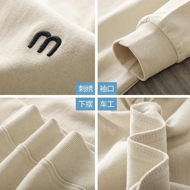 Dukeen 340gsm Heavy Embroidered Sweatshirt Men Plain Long-Sleeved T-Shirt Round-Neck Loose Trend Solid Coloe Tops 240409