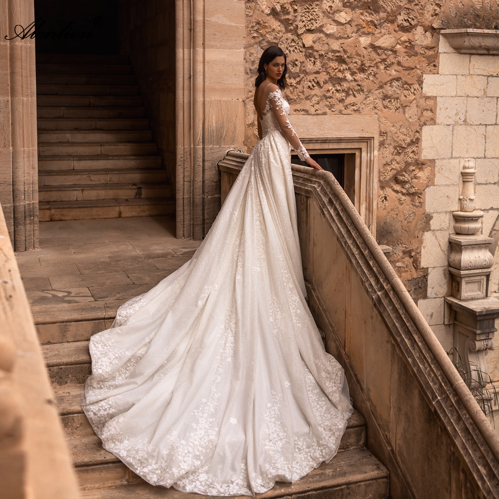 Romance Beading Lace Sheer Neck 2 In 1 Mermaid Wedding Dress With Removable train Full Sleeves Trumpet Bridal Gowns With Floral Prints