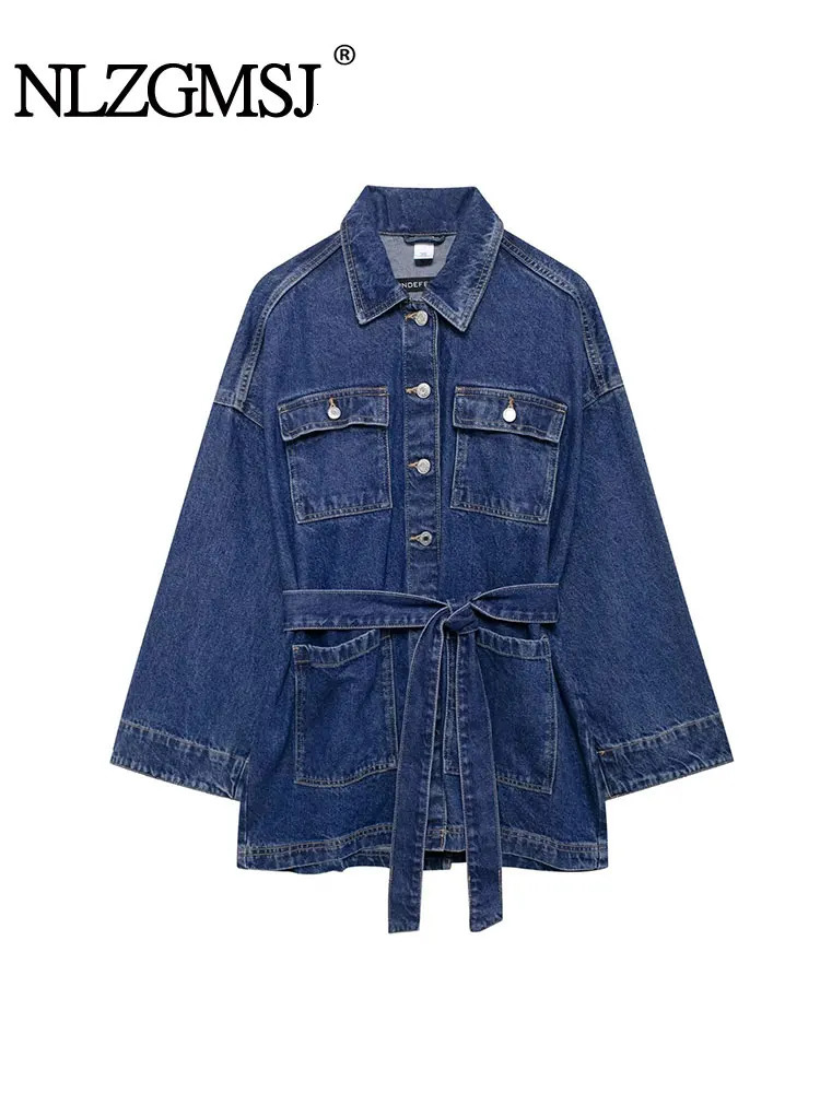 TRAF Autumn Retro Denim Jacket Womens Loose Waist Belt Strap Mid length Denim Jacket Y2k Street Casual Chic Top 241115