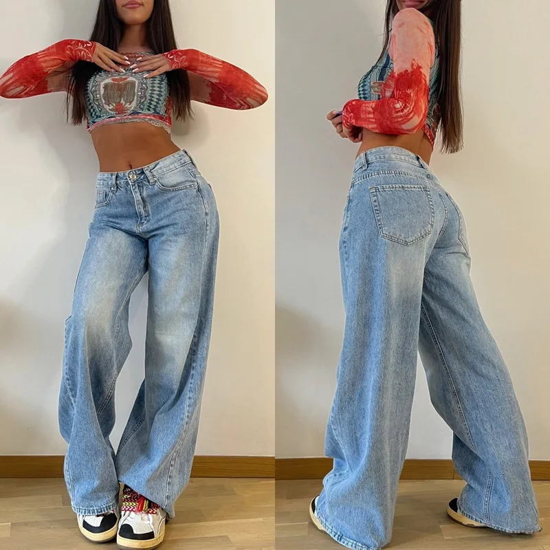 Women Jeans Denim Wide Leg Pants High Waist Washing Loose Fit Pockets Zipper Fly Flat Streewear Spring 2024 Slight Strech 241108