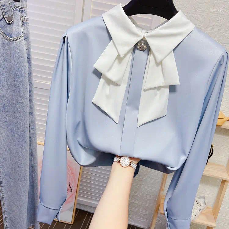 Womens Blouses Small Bow Tie Doll Collar Shirt Feminine Temperament OL Fashionable Base Loose Drape Fluttering Sweet Top
