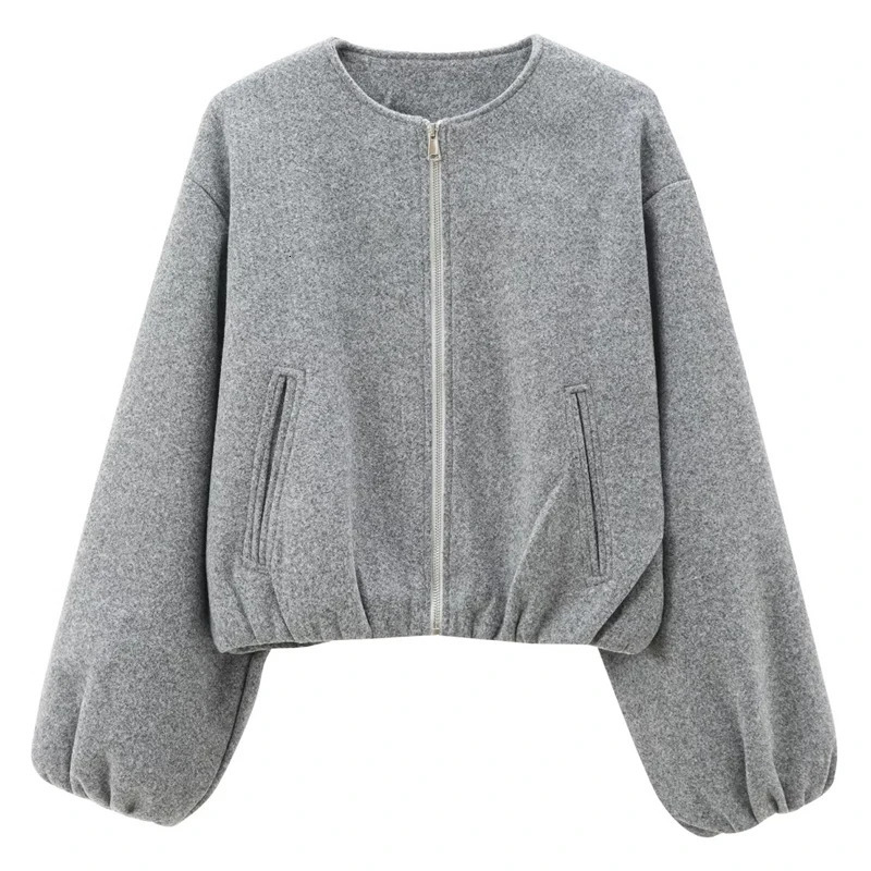 HXAO coarse woolen crop jacket womens womens bomber jacket soft gray beige jacket autumn long sleeved O-neck jacket casual jacket 241115