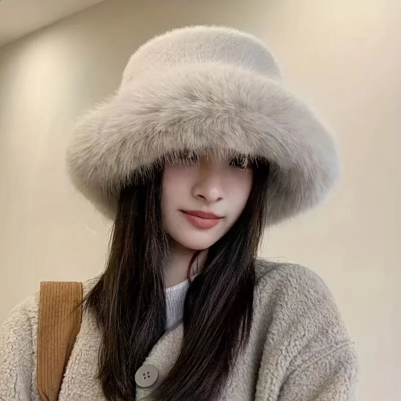 Fashion Faux Fur Big Bucket Hat for Women Russian Cossack Fluffy Winter Wrap Fuzzy Oversized Pink Wine Red 241116