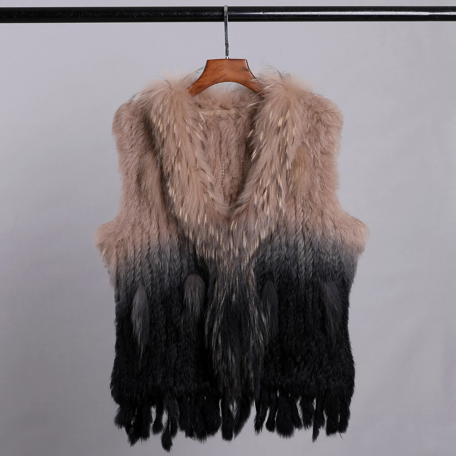 Womens Genuine Premium Long Hair Rabbit Fur Knit Vest Raccoon Trim Gilet Lady Sleeveless Waistcoat Real Jacket 241116