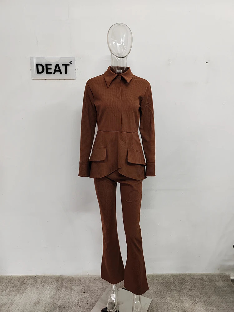 DEAT Autumn Womens Fashion Collar Slimming Long Sleeve Coat and High Straight Plain Pants 17A701 241115