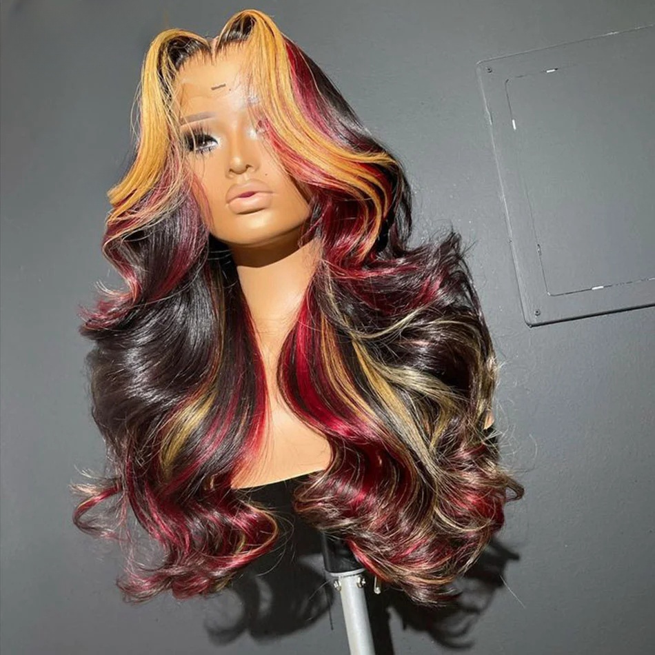 Peruvian Highlight Red Blonde Colored 13X4 Lace Closure Wig Pre Plucked Glueless Human Hair Wigs for Women 200% Body Wave Lace Frontal Wig Synthetic