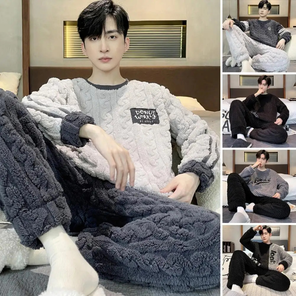 2-piece/set mens winter sleepwear set with long sleeves thick twisted texture loose elastic waist warm and soft mens sleepwear set 241112