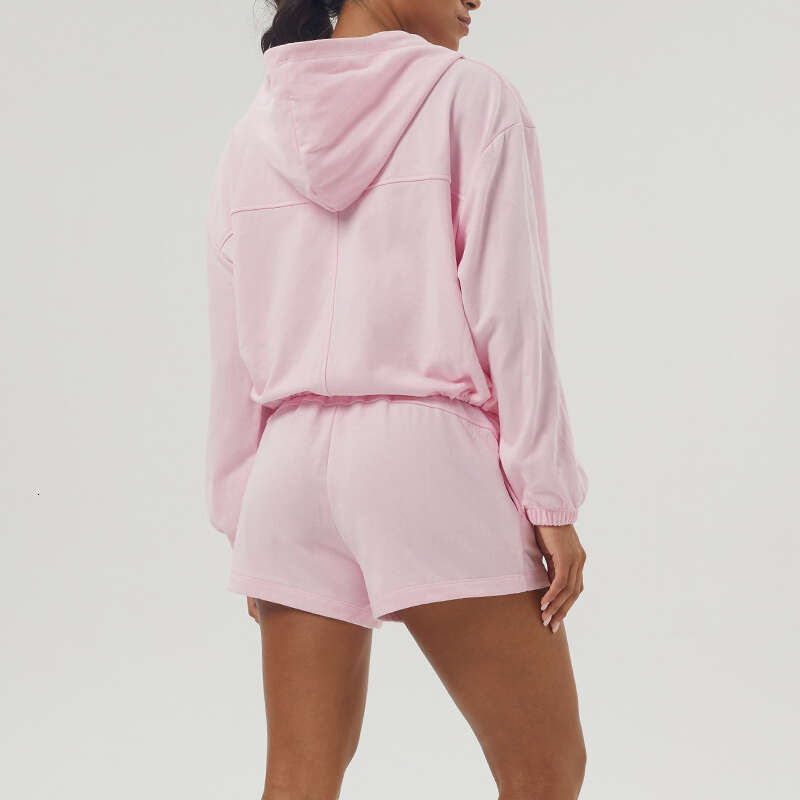 Women Gym Running Suit Breathable Two Pieces Fiess Yoga Set Long Sleeve Hoodie Shorts Workout Clothes Female Sportswear