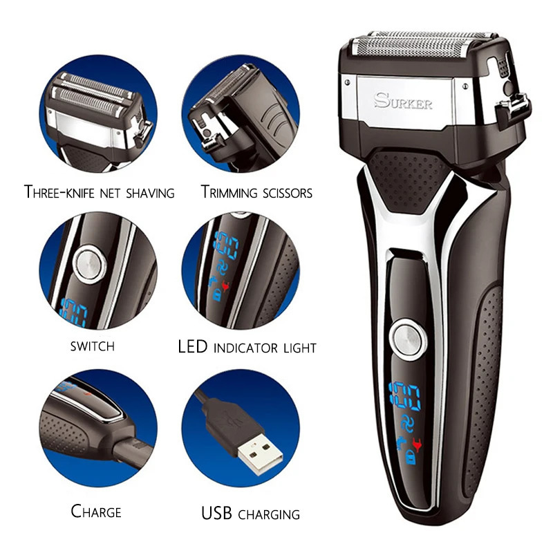 Wet Dry Rechargeable Electric Shaver For Men Facial Beard Electric Razor Stubble 3-Blade System Shaving Machine Washable 241115
