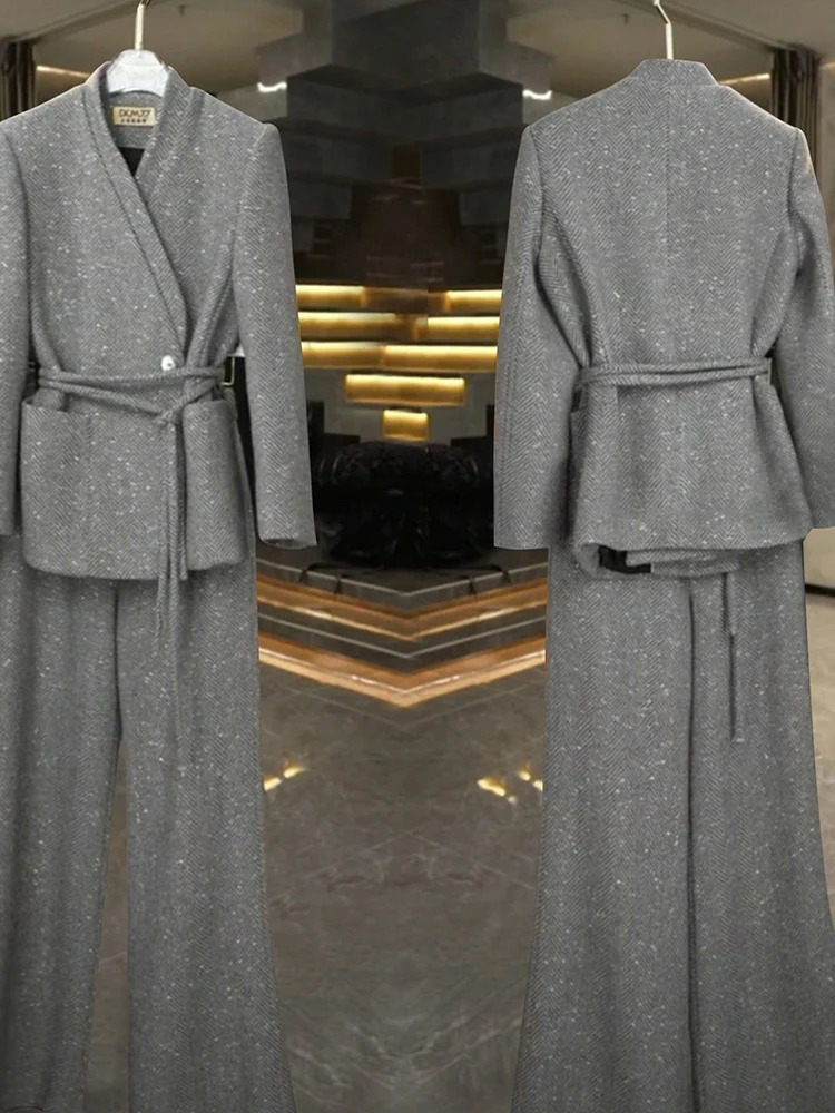 BZVW Office Womens Two Piece Set Vneck Single Button Lace Spliced Waist Jacket Wide Leg Pants 25Z1143 241115