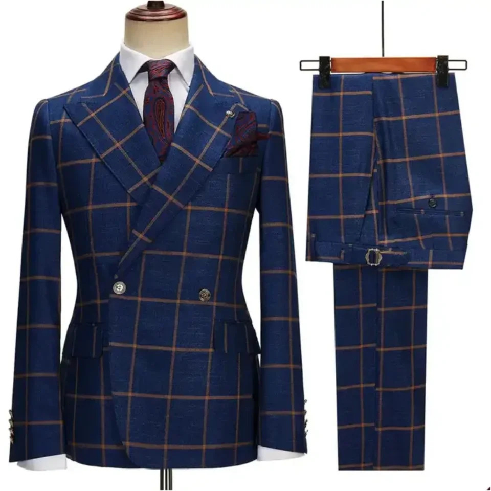 2 Pieces Check Plaid Men Suits Set ed Lapel Business Party Costume Homme Wedding Groom Tuxedos Dress Jacket Pants 241115