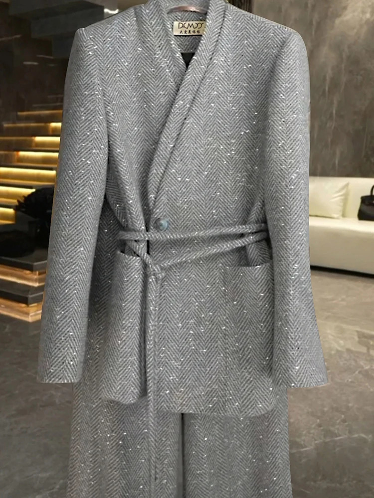 BZVW Office Womens Two Piece Set Vneck Single Button Lace Spliced Waist Jacket Wide Leg Pants 25Z1143 241115