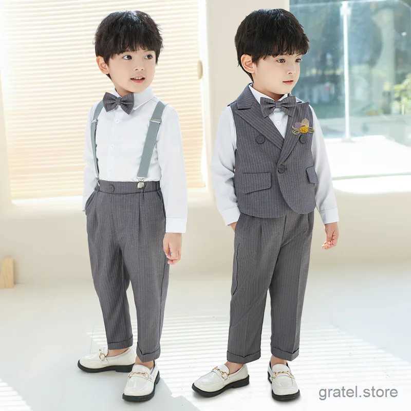 Suits Children Luxurious Gary Photography Suit School Boys Jacket Vest Pants Bowtie Birthday Ceremony Costume Kids Wedding Party Dress