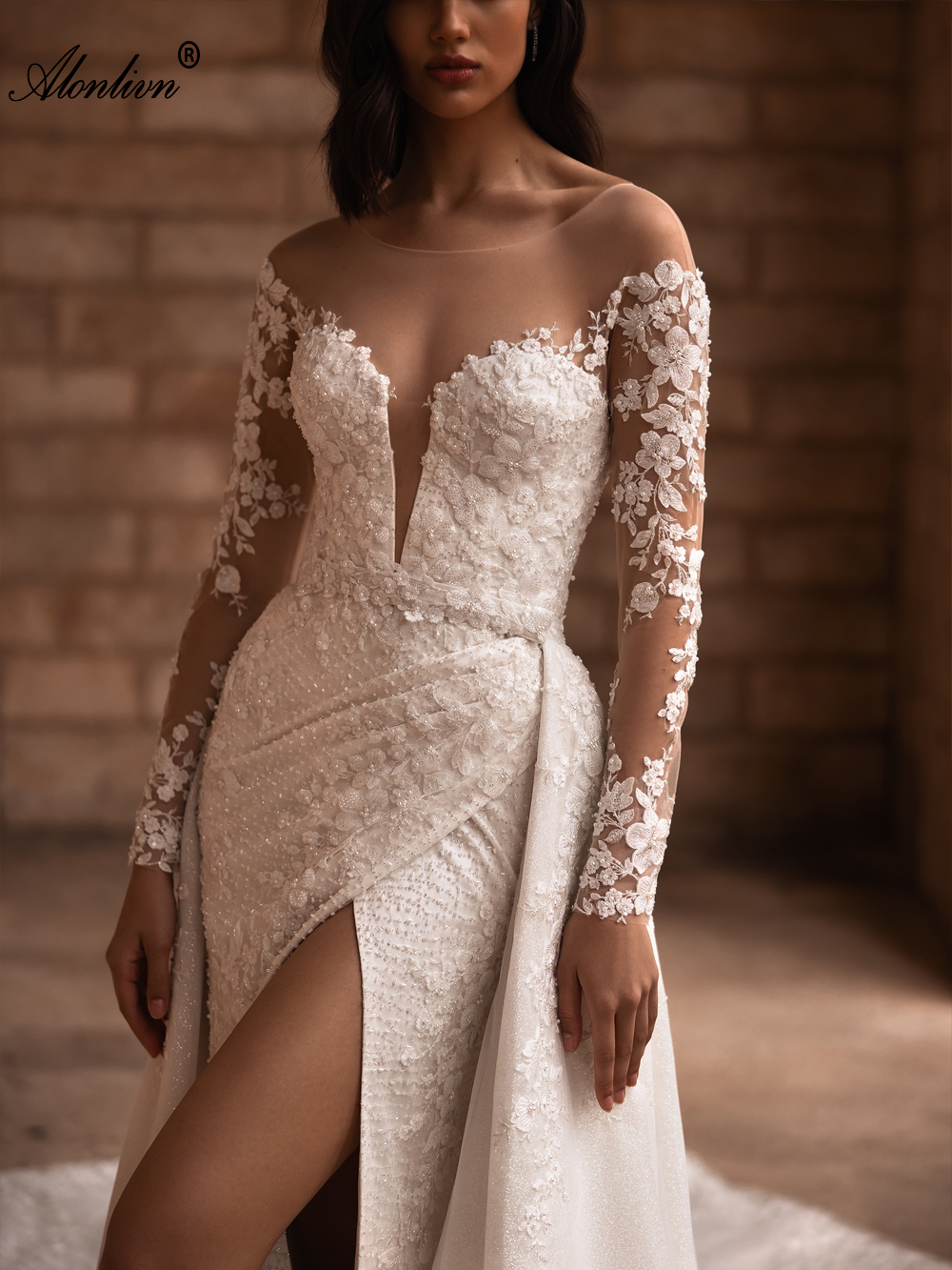 Romance Beading Lace Sheer Neck 2 In 1 Mermaid Wedding Dress With Removable train Full Sleeves Trumpet Bridal Gowns With Floral Prints