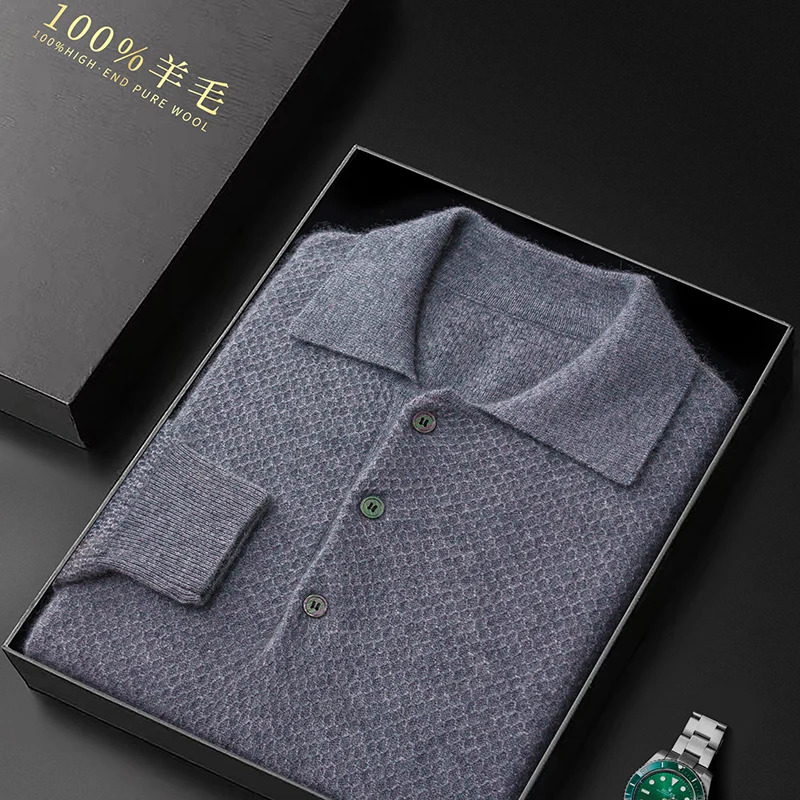 Autumn and winter 100 pure wool mens long sleeved polo neck honeycomb cashmere knitted youth business casual sweater 241112