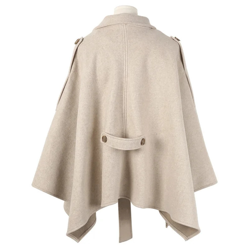 Womens retro wool coat with open collar and rain cape 241115