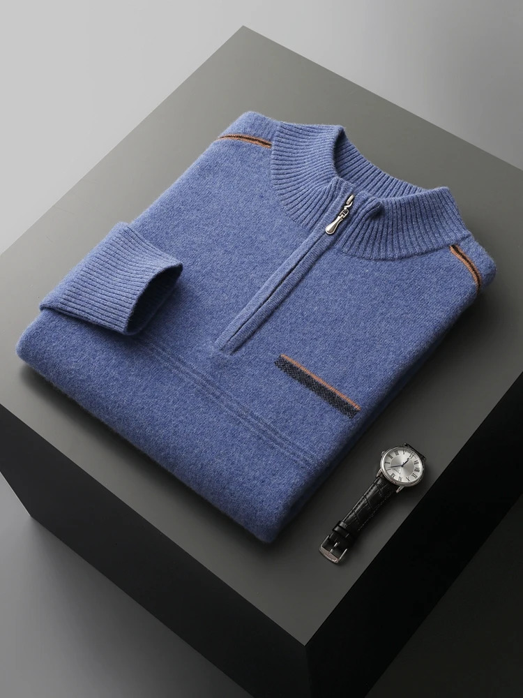 CHICOU Autumn Mens Zipper Plain Collar Cashmere Sweater Intelligent Casual Pulling 100% Merino Wool Knitted Basic Soft Clothing 241115