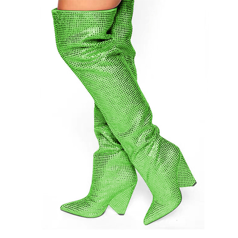 2023 Cross border Foreign Trade New Pointed Cone Heel with Slope Heel, One Step Stepping with Starry Sky Water Diamond Large Knee Over Boots for Women
