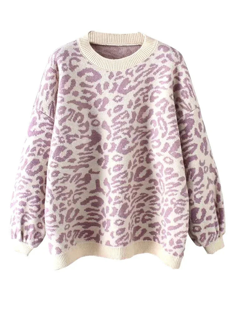 autumn loose round neck zipper leopard print lantern long sleeved sweater for women fashionable knitted top office womens clothing 241115