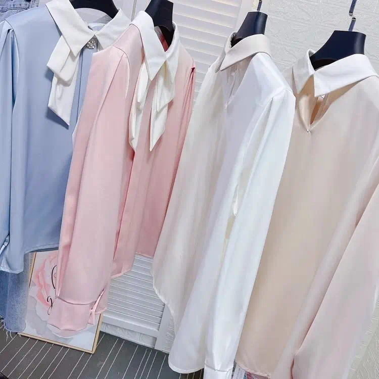 Womens Blouses Small Bow Tie Doll Collar Shirt Feminine Temperament OL Fashionable Base Loose Drape Fluttering Sweet Top