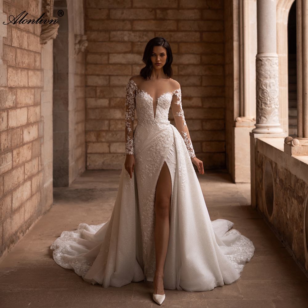 Romance Beading Lace Sheer Neck 2 In 1 Mermaid Wedding Dress With Removable train Full Sleeves Trumpet Bridal Gowns With Floral Prints