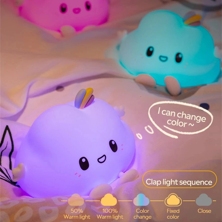 Creative Little Cloud LED Night Light Bedside Soft Silicone Remote Control Pat Warm Night Light Lamp For Baby Kids Gift 241115