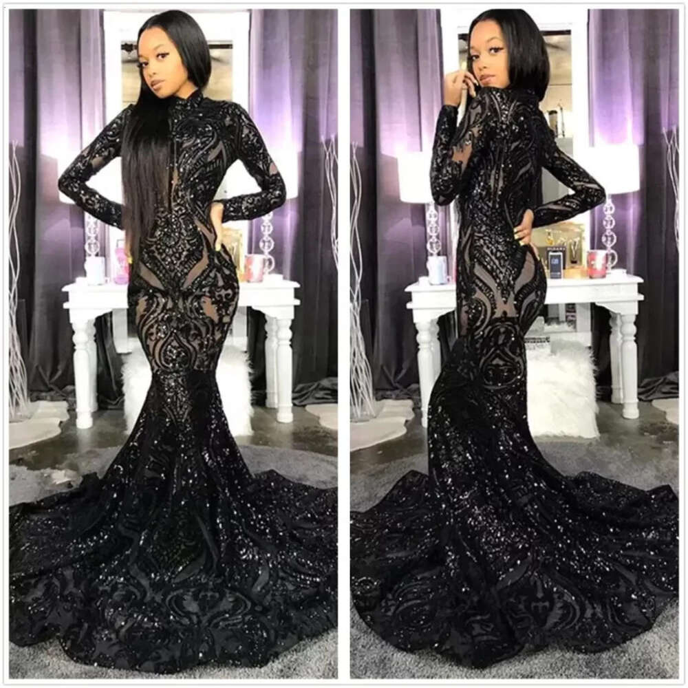 Sequins Sparkg Black Mermaid Prom Dresses High Neck Illusion Long Sleeves Sweep Train Formal Party Evening Gowns Dress BC