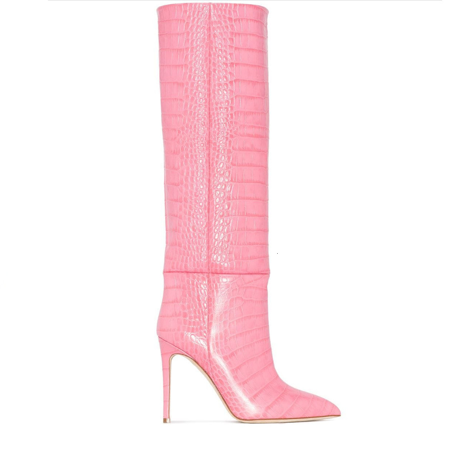 2024 Winter New Foreign Trade Pointed, Fine Heels, Ultra High Heels, Serpentine Pattern, European and American Fashion Show, Large Size Long Boots, Wo