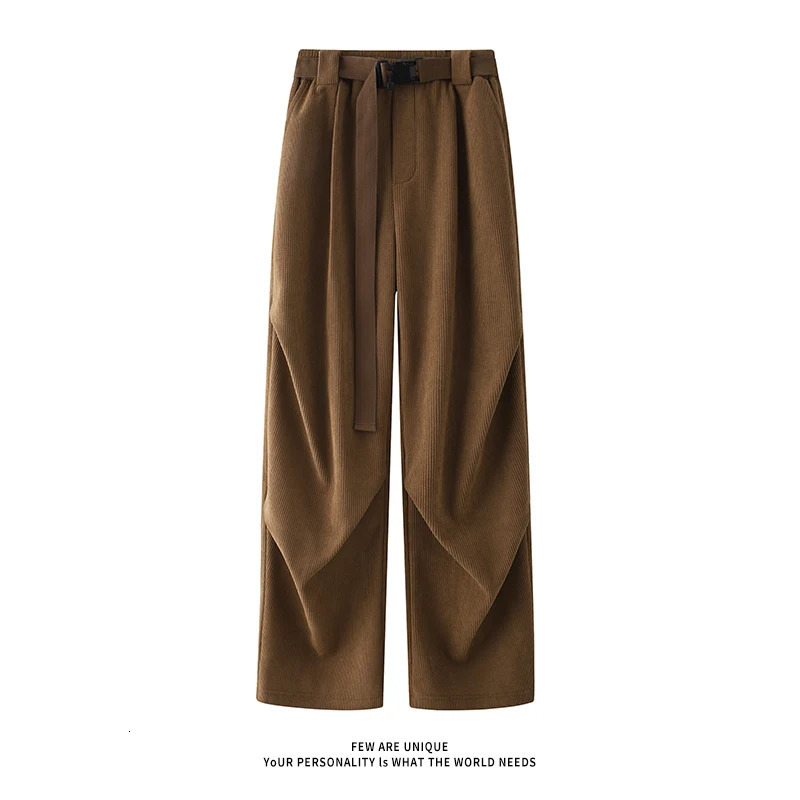 Winter mens wide leg straight sports pants Korean fashion warm wool track casual long strap 241115