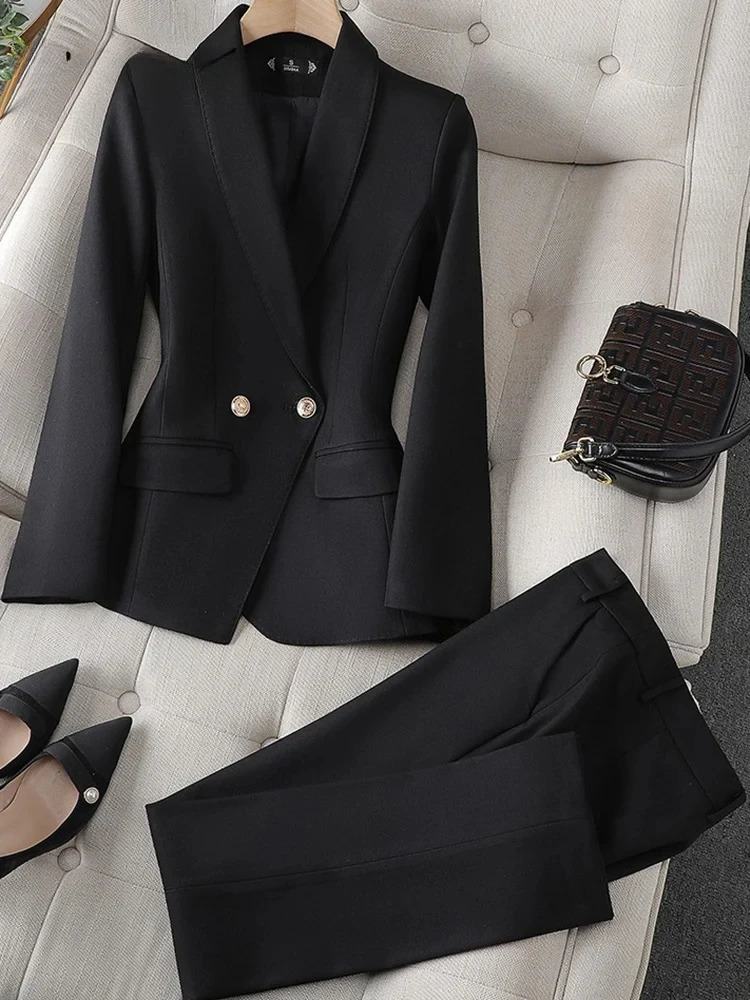 Yitimuceng Office Wear Womens Set Double Chest Collar Fashion Long Sleeve JacketClassic Solid Pants 241115