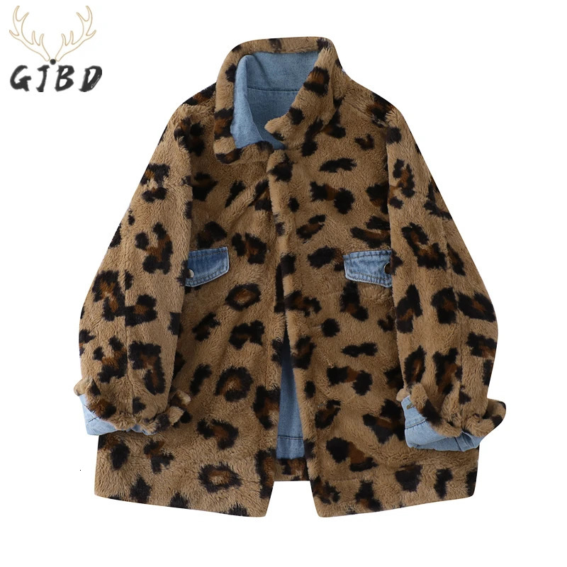Womens cashmere denim jacket winter long sleeved streetwear fashion n leopard print casual bag jeans jacket 241115