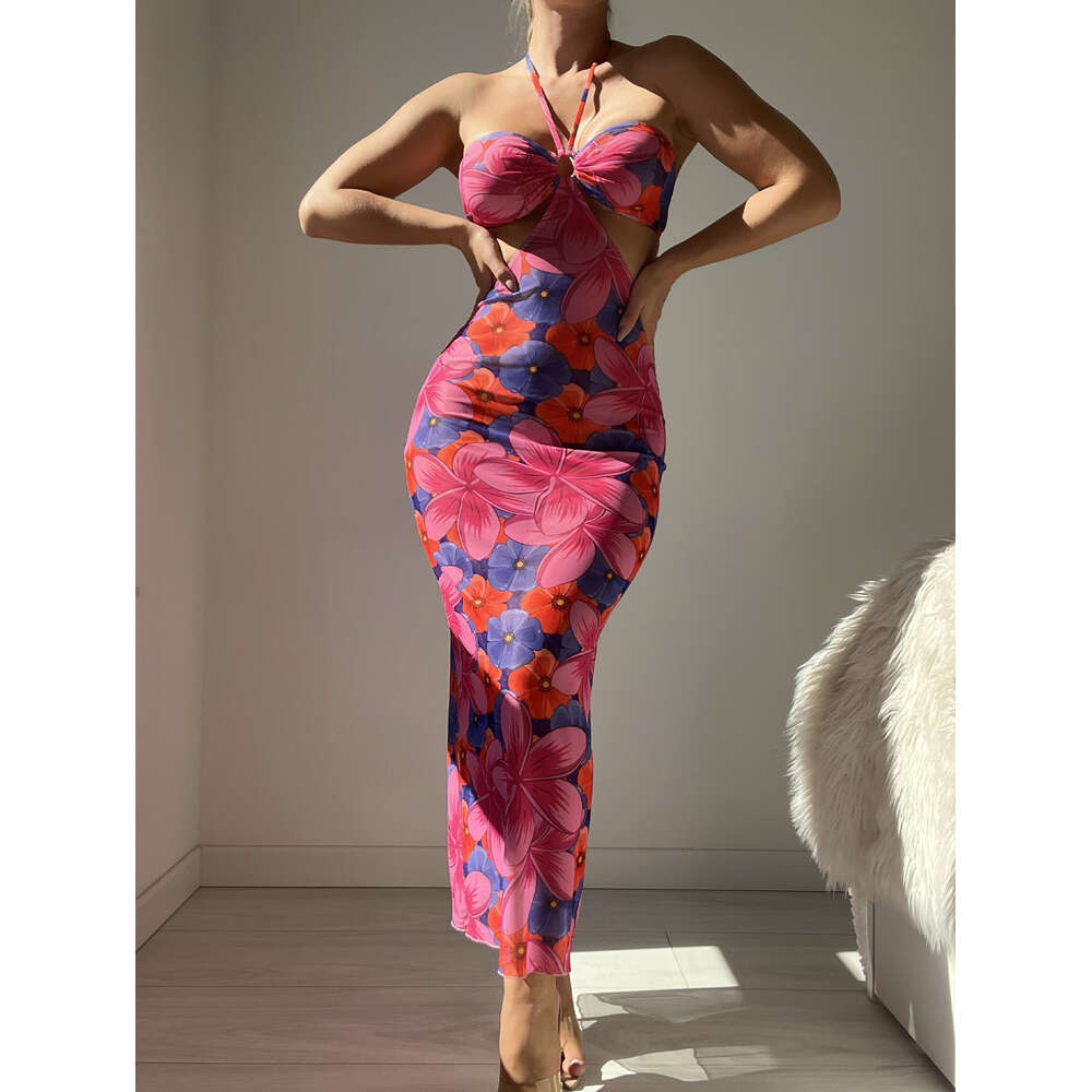 2024 Hanging Neck, Open Back Printed Lace Up Dress, Vacation Beach Skirt F41629