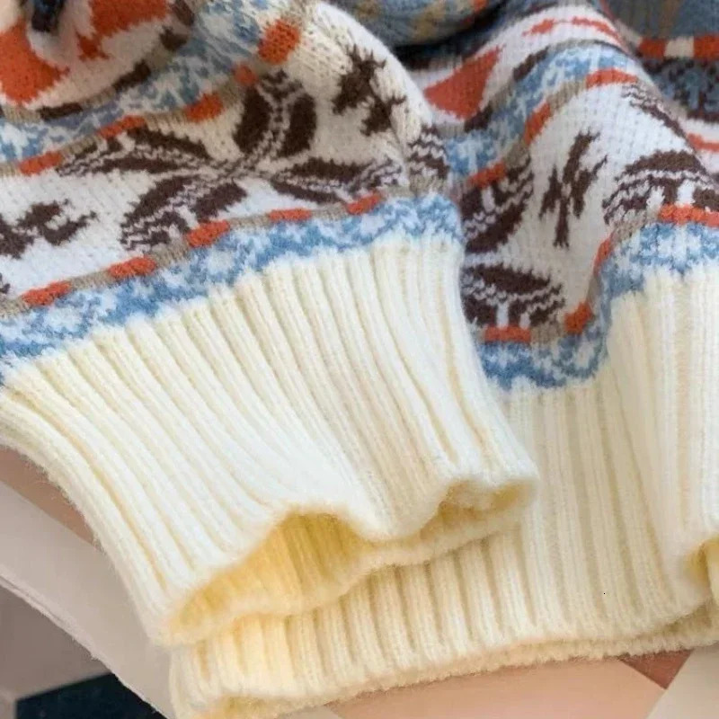 retro Christmas outfit men deer jacquard sweater autumn and winter loose lazy style men and women sweater men clothing 241116