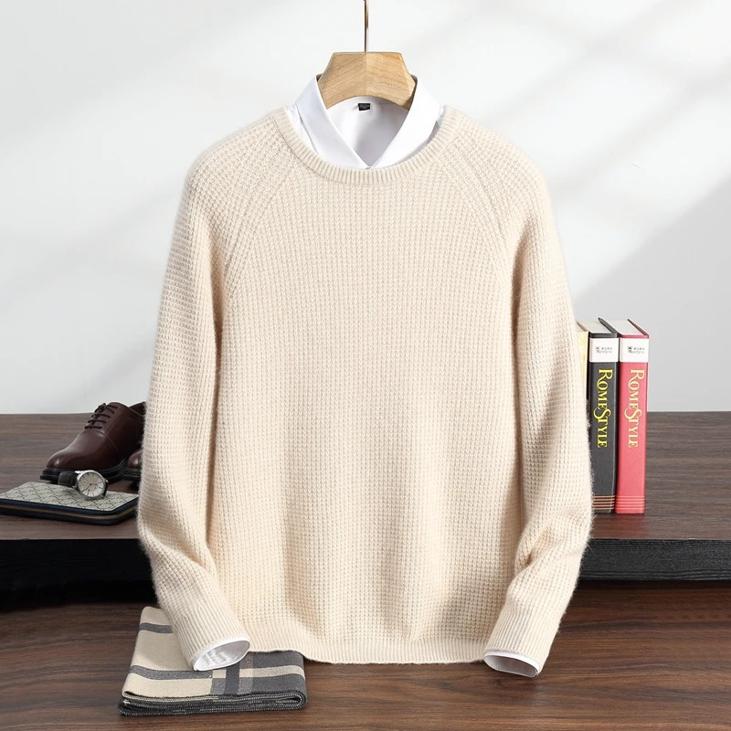 100% pure cashmere sweater mens knitted round neck with floral pattern autumn thick long sleeved solid color clothing 241115