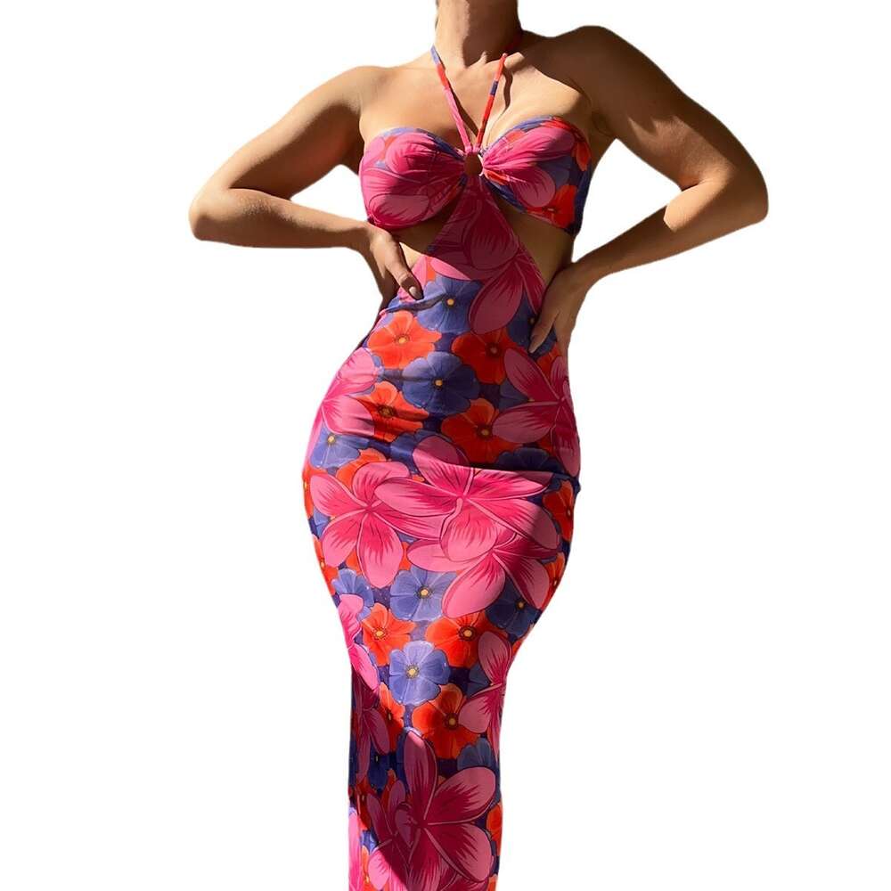 2024 Hanging Neck, Open Back Printed Lace Up Dress, Vacation Beach Skirt F41629