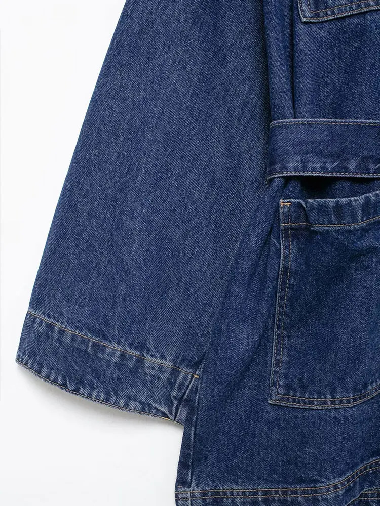 TRAF Autumn Retro Denim Jacket Womens Loose Waist Belt Strap Mid length Denim Jacket Y2k Street Casual Chic Top 241115